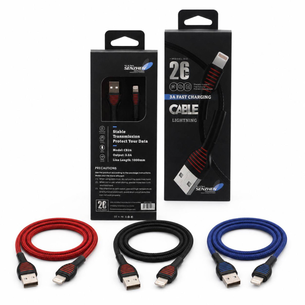 Кабель для заряджання та передачі даних USB-A — Lightning, 3 А, 1 м, у коробці, 10 шт. у пачці, №CB26-1 (200) Кабель для заряджання та передачі даних USB-A — Lightning, 3 А, 1 м, у коробці, 10 шт. у пачці, №CB26-1 (200)