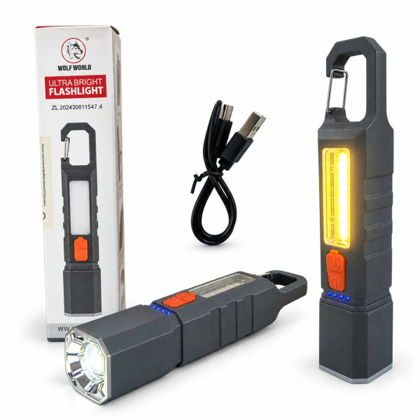 Ліхтарик акумуляторний від USB пл. з гачком (17*3.2)см 2кол. у коробці №WW-206В (240)