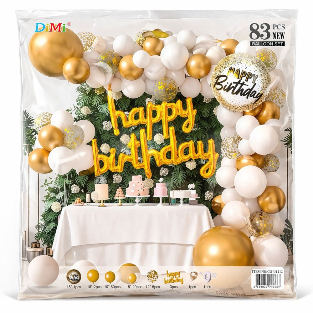Набір повітряних кульок для декорування, з написом «Happy Birthday», 83 предмети, у бежевих і білих тонах, №CO-U1212 (100) Набір повітряних кульок для декорування, з написом «Happy Birthday», 83 предмети, у бежевих і білих тонах, №CO-U1212 (100)