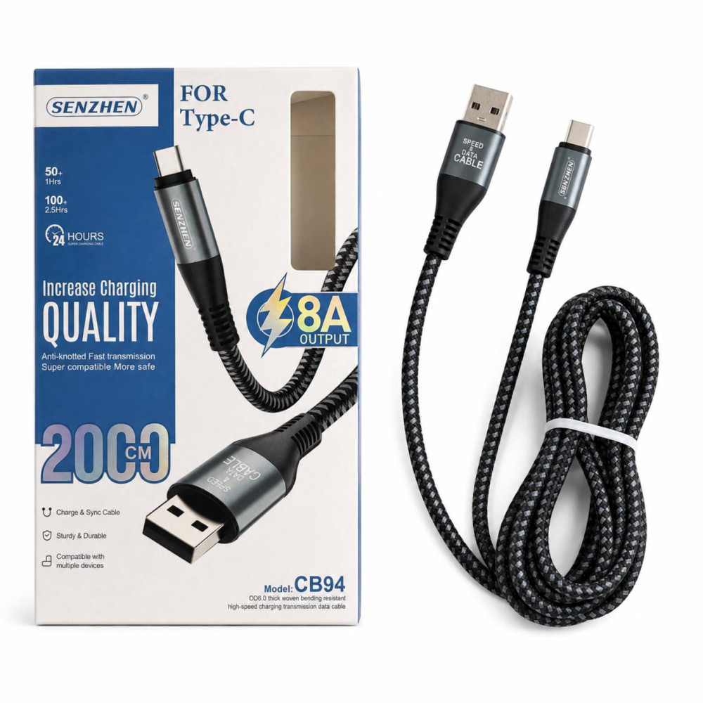 Кабель для заряджання та передачі даних USB-A — Type-C, 8 А, 2 м, у коробці, 10 шт. у пачці, №CB94 (200) Кабель для заряджання та передачі даних USB-A — Type-C, 8 А, 2 м, у коробці, 10 шт. у пачці, №CB94 (200)