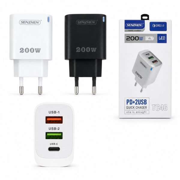 Адаптер живлення для заряджання з портами Type-C PD та 2 USB-A, 200 Вт, 2 кольори, у картонній коробці, №ТС46 (200)