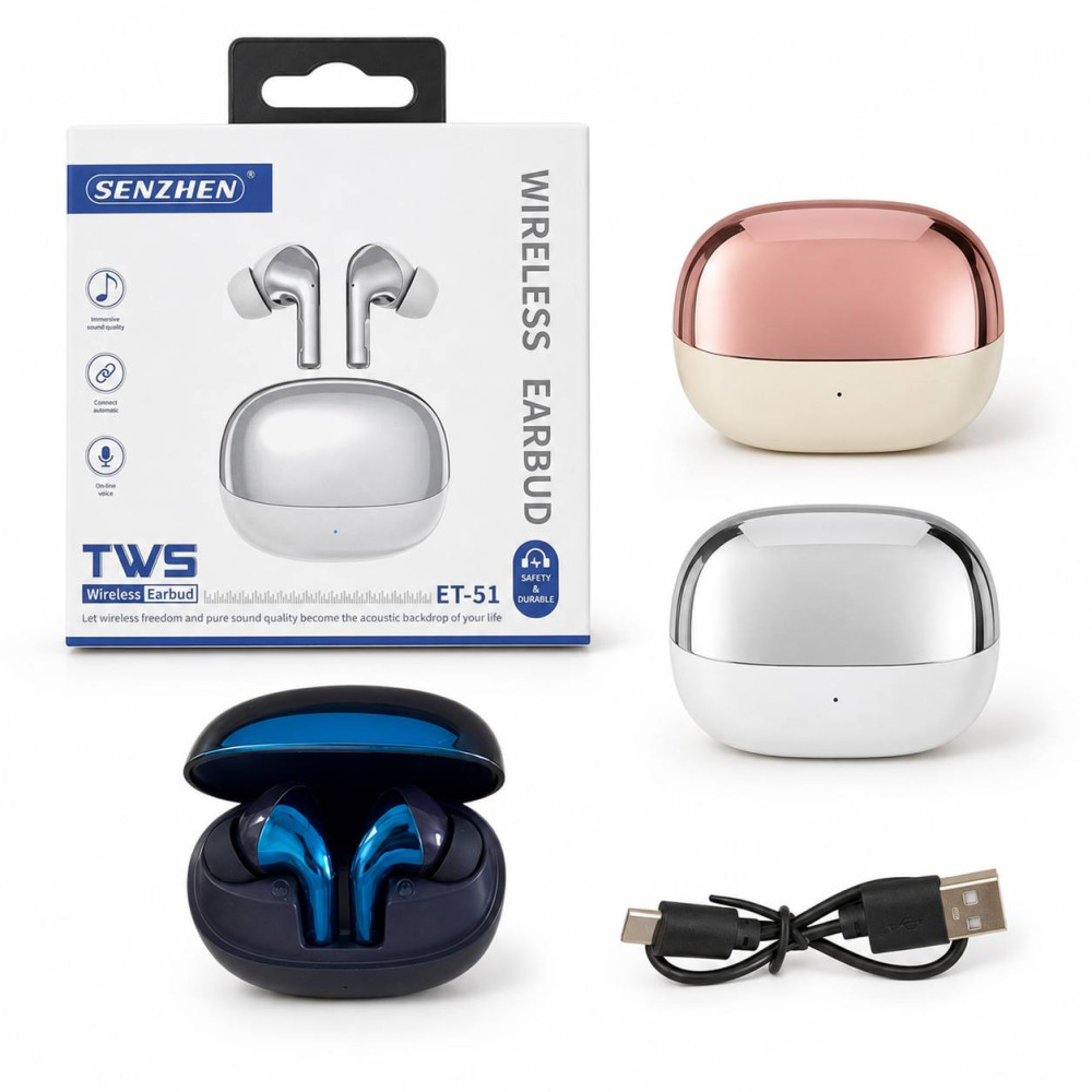 Навушники бездротові TWS Bluetooth із зарядним кейсом, 4 кольори, у паперовій коробці, №ET-51 (100) Навушники бездротові TWS Bluetooth із зарядним кейсом, 4 кольори, у паперовій коробці, №ET-51 (100)