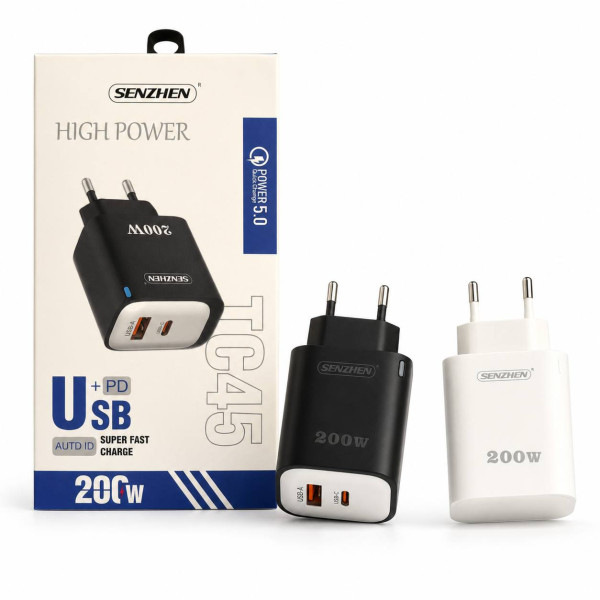 Адаптер живлення для заряджання з портами Type-C PD та USB-A, 200 Вт, 2 кольори, у картонній коробці, №ТС45 (200)