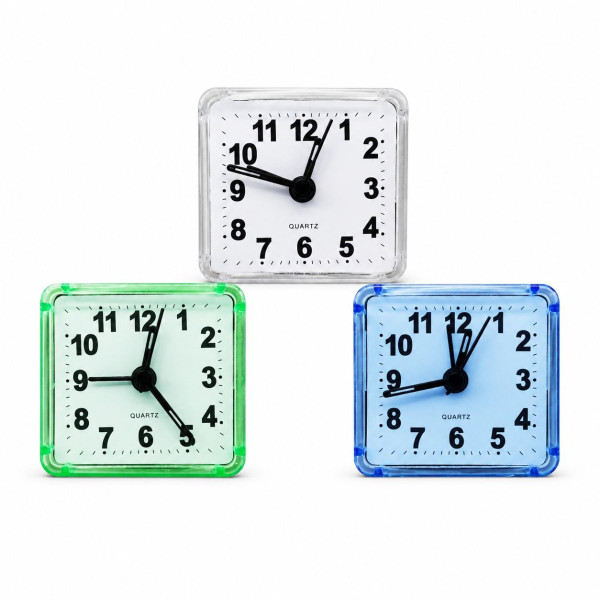 Будильник квадратний малий, (2,6 × 5,5 × 5,8) см, 3 кольори корпусу, білий циферблат, 1 батарейка R6, у коробці №6621/2046 (200)