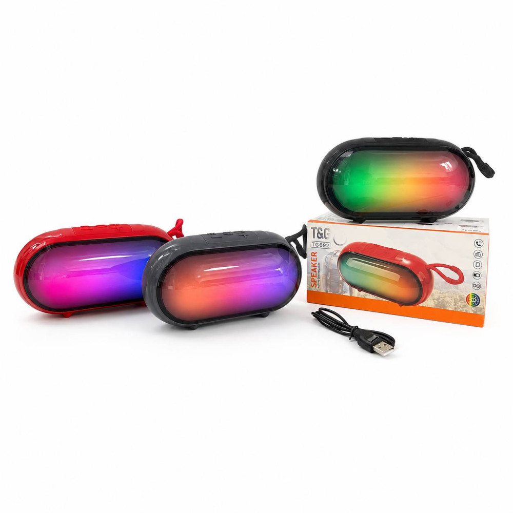 Колонка портативна бездротова Bluetooth з RGB-підсвічуванням і шнурком, овальна, 3 кольори, (14,5 × 7,5 × 5) см, №TG692 (60) Колонка портативна бездротова Bluetooth з RGB-підсвічуванням і шнурком, овальна, 3 кольори, (14,5 × 7,5 × 5) см, №TG692 (60)
