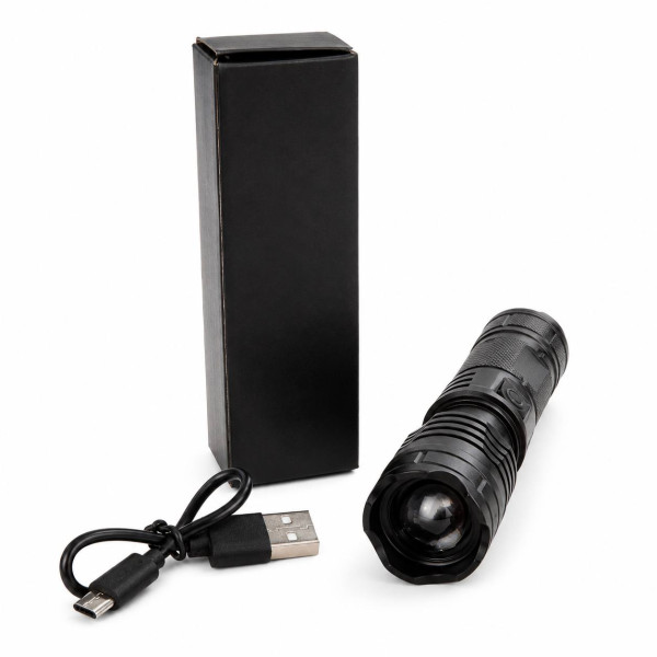 Ліхтар акумуляторний із заряджанням від USB з пластику (10.5 × 2.8) см чорного кольору у паперовій коробці №205 (300)