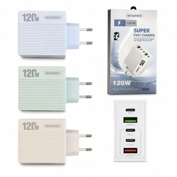 Адаптер живлення універсальний для заряджання, 5 портів (3 Type-C PD + 2 USB-A), 120 Вт, 5 кольорів, у картонній коробці, №ТС50 (200)