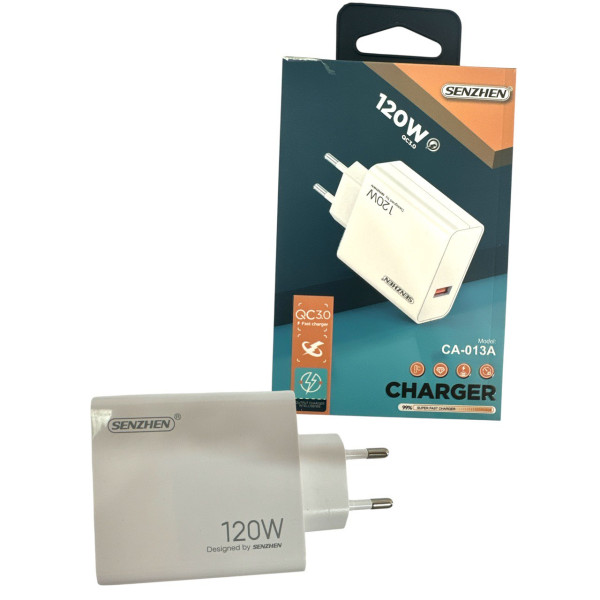 Зарядний блок мережевий SENZHEN, 1 USB-A, QC 3.0, 120 Вт, білий, у коробці, 10 шт. у пачці, №CA-013A (360)
